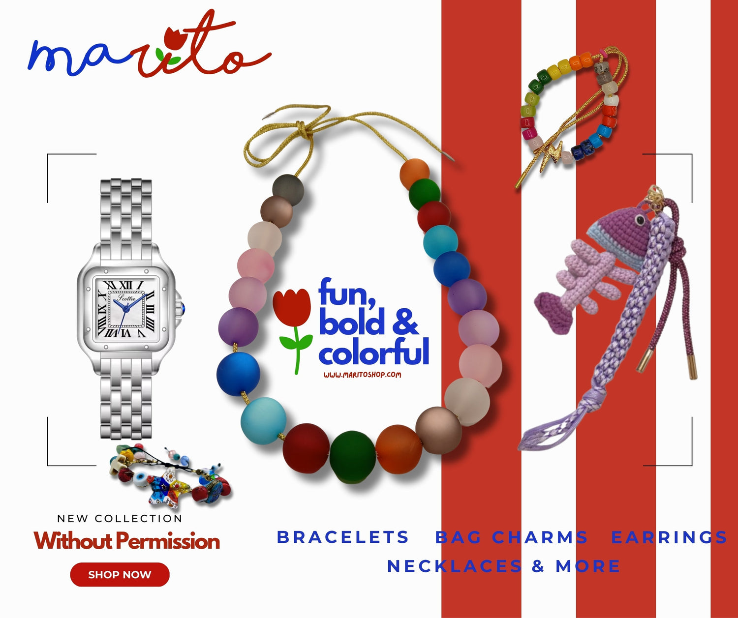Vintage watch, colorful eye tiger big beads necklace, semiprecious pony bead bracelet, crochet fish and paracord bag charm